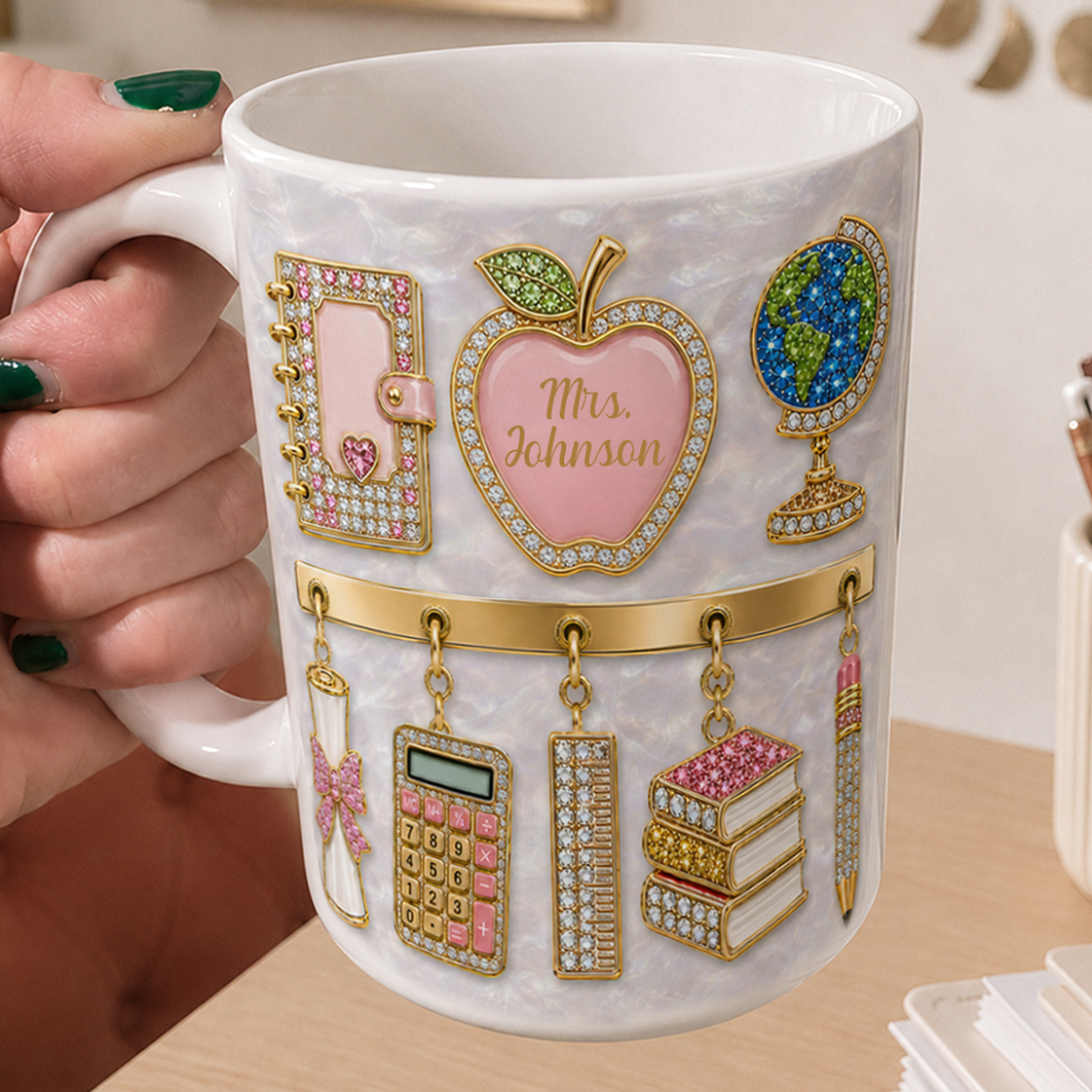 Personalized Teacher Name Mug, Pink 3D-Look Apple Back to School Gift