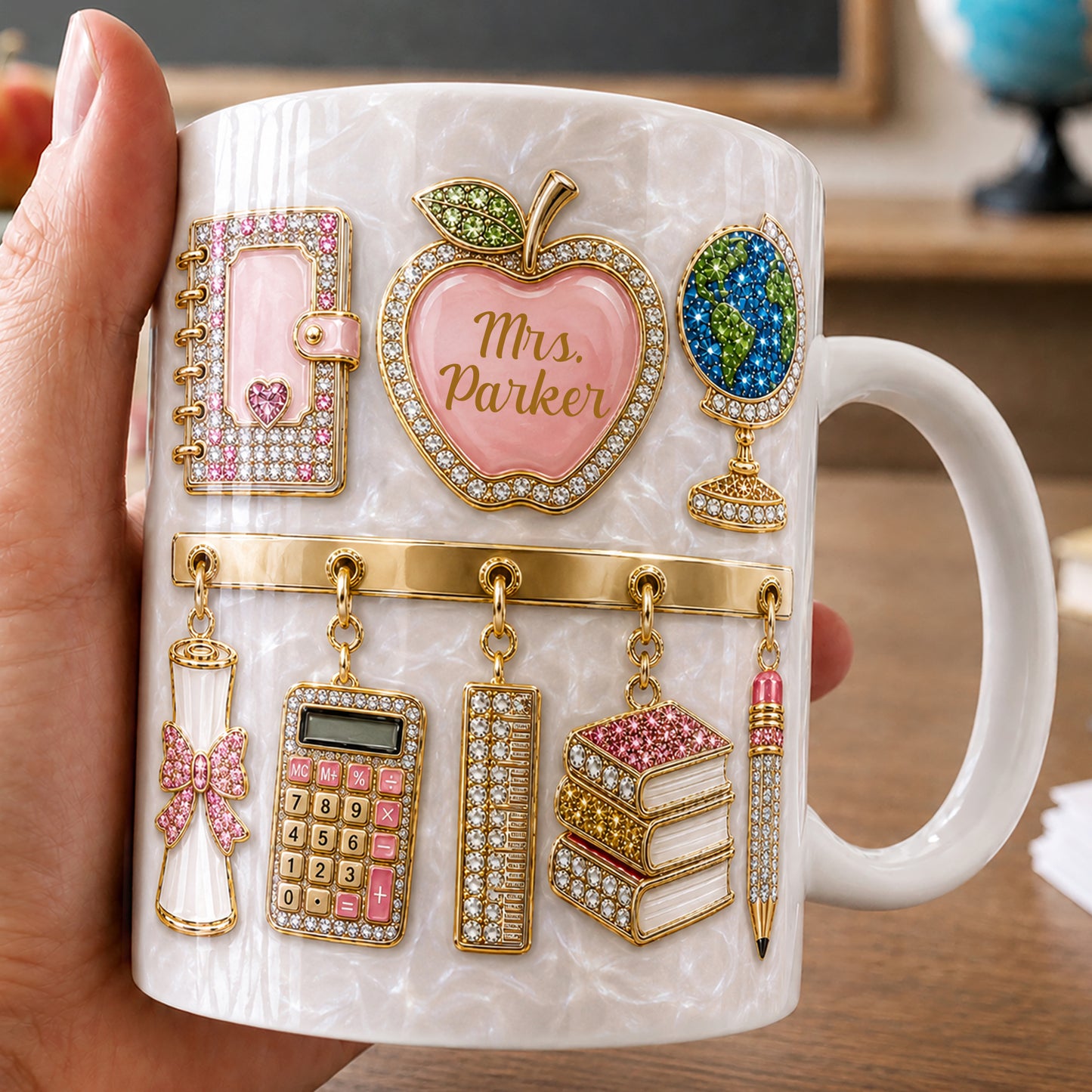 Personalized Teacher Name Mug, Pink 3D-Look Apple Back to School Gift