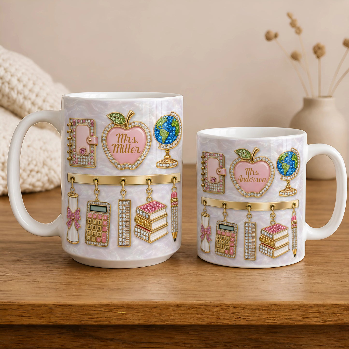 Personalized Teacher Name Mug, Pink 3D-Look Apple Back to School Gift