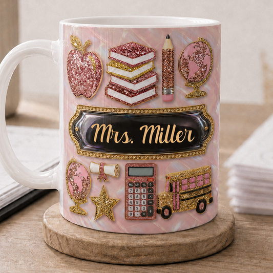 Personalized Teacher Name Mug, Pink Glitter Back to School Teacher Gift