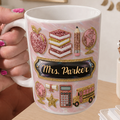 Personalized Teacher Name Mug, Pink Glitter Back to School Teacher Gift