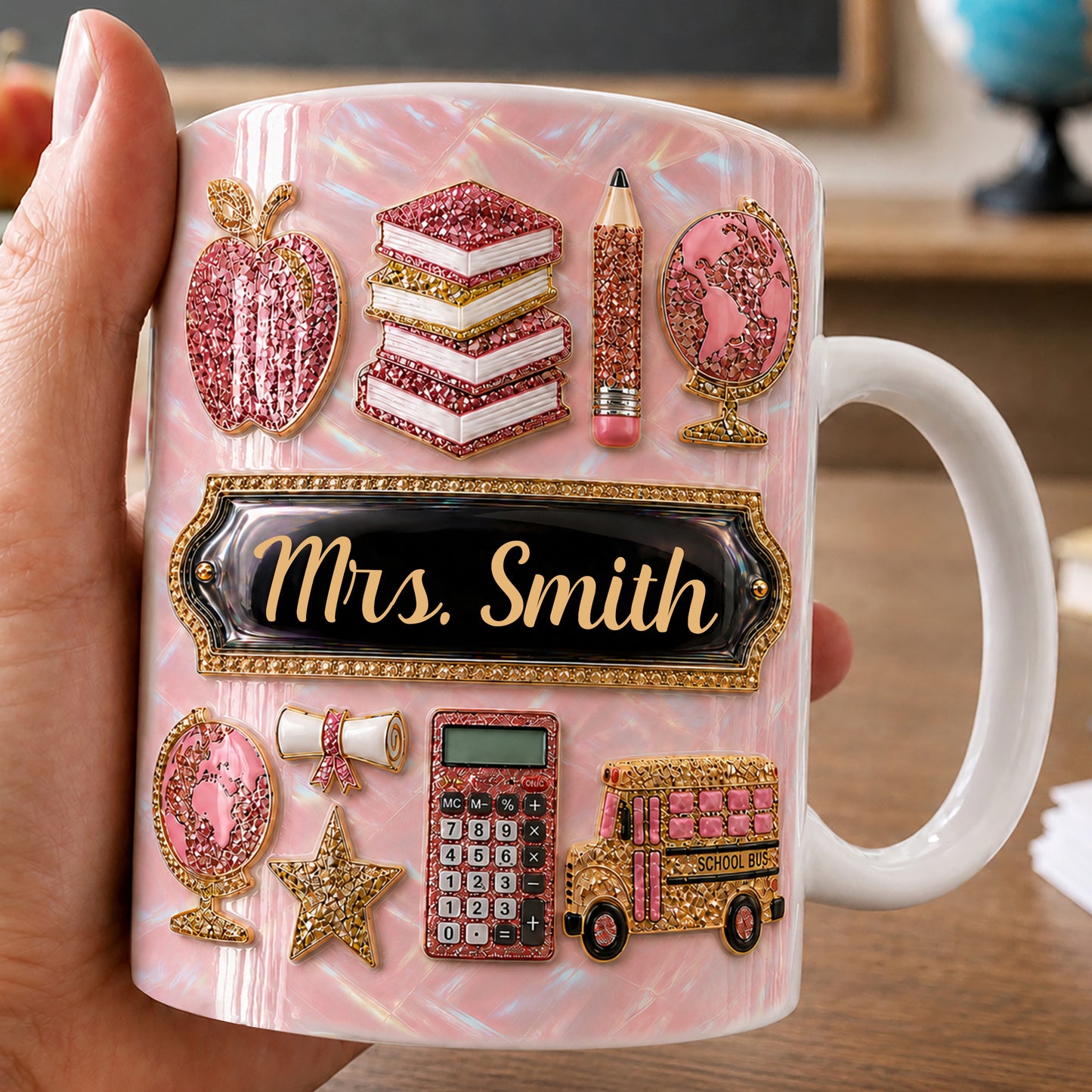 Personalized Teacher Name Mug, Pink Glitter Back to School Teacher Gift