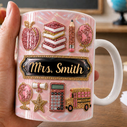 Personalized Teacher Name Mug, Pink Glitter Back to School Teacher Gift