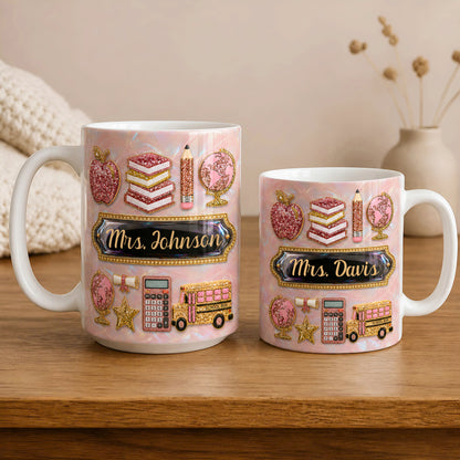 Personalized Teacher Name Mug, Pink Glitter Back to School Teacher Gift