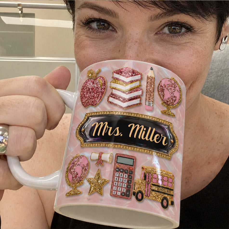 Personalized Teacher Name Mug, Pink Glitter Back to School Teacher Gift