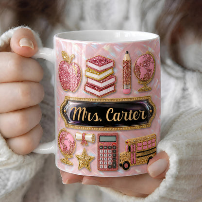 Personalized Teacher Name Mug, Pink Glitter Back to School Teacher Gift