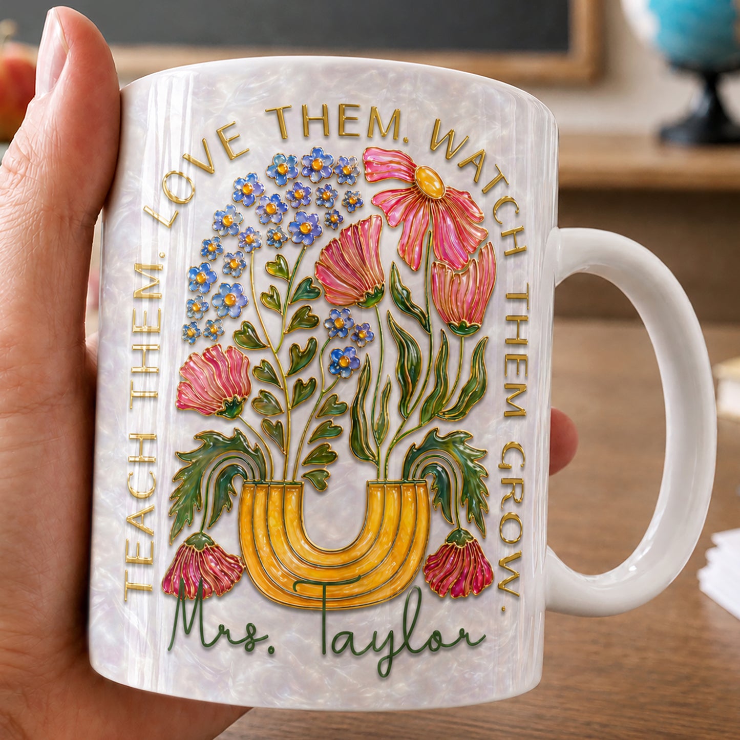 Personalized Teacher Name Mug, Floral Back to School Gift for Teachers