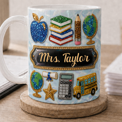 Personalized Teacher Name Mug, Faux 3D School Icons, Back to School Gift