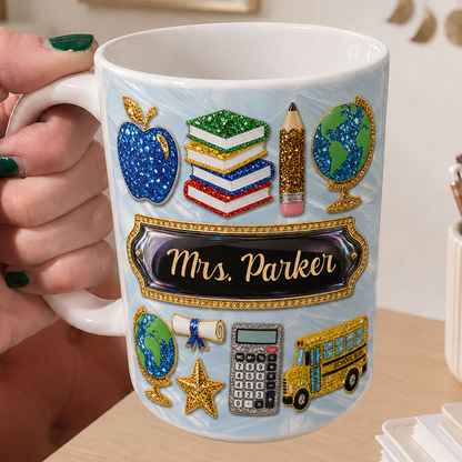 Personalized Teacher Name Mug, Faux 3D School Icons, Back to School Gift