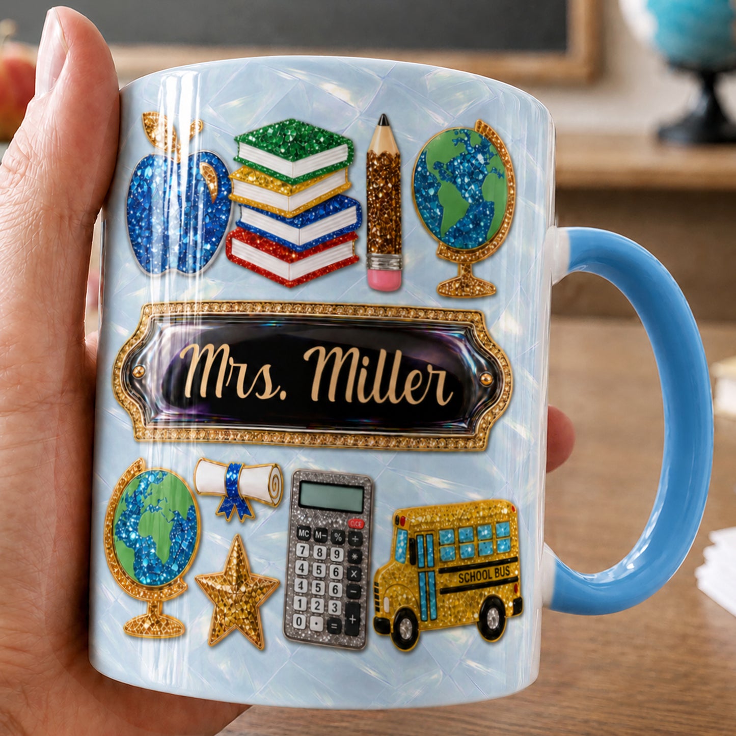 Personalized Teacher Name Mug, Faux 3D School Icons, Back to School Gift