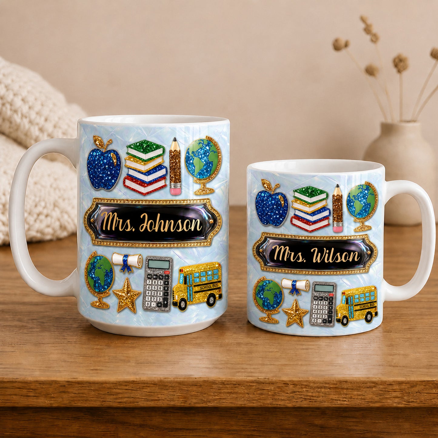 Personalized Teacher Name Mug, Faux 3D School Icons, Back to School Gift