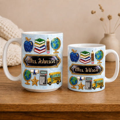 Personalized Teacher Name Mug, Faux 3D School Icons, Back to School Gift