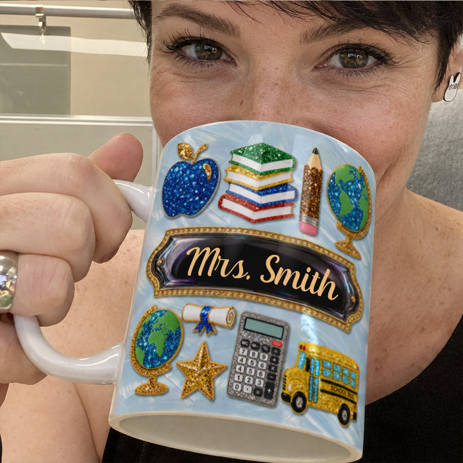 Personalized Teacher Name Mug, Faux 3D School Icons, Back to School Gift