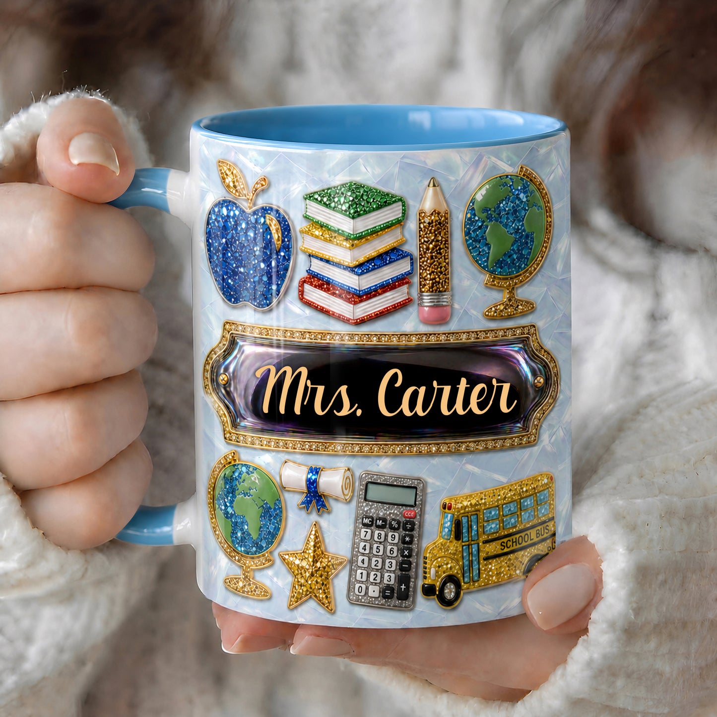 Personalized Teacher Name Mug, Faux 3D School Icons, Back to School Gift
