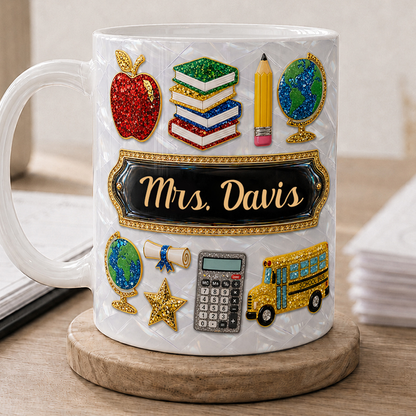 Personalized Teacher Name Mug, Custom Faux 3D Back to School Teacher Gift