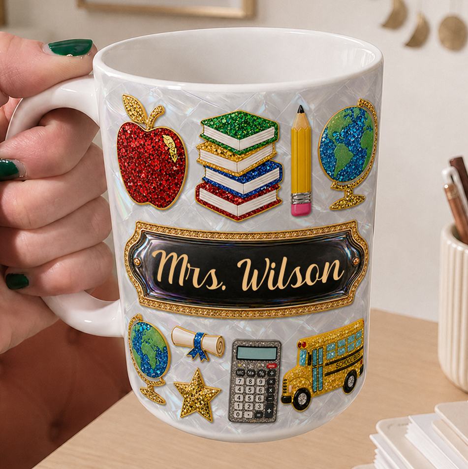 Personalized Teacher Name Mug, Custom Faux 3D Back to School Teacher Gift