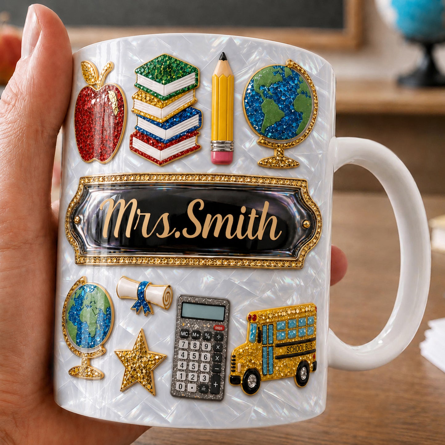 Personalized Teacher Name Mug, Custom Faux 3D Back to School Teacher Gift