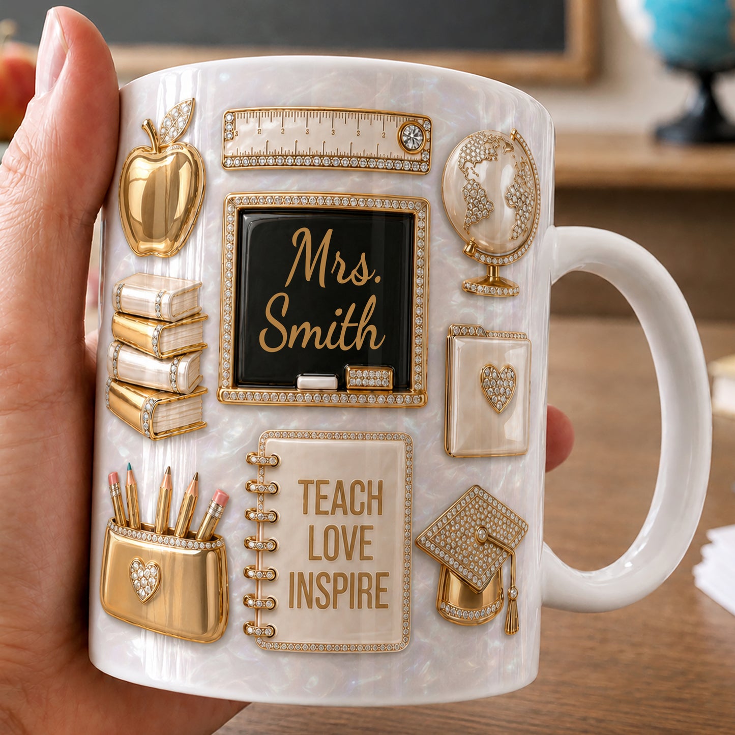 Personalized Teacher Name Mug, Gold Classroom Back to School Teacher Gift