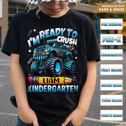 Personalized Monster Truck Kids Shirt, Custom Name and Grade Back to School Youth Tee For Boys