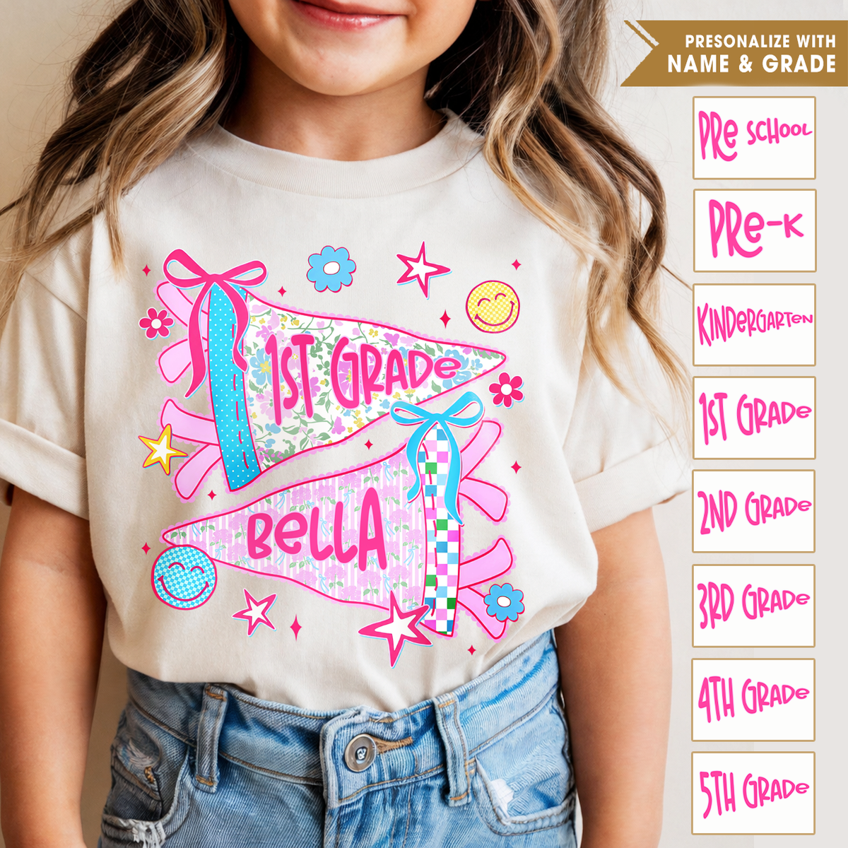 Personalisiertes T-Shirt für Schulkinder mit Klassenstufe und Name, Back-to-School-Shirt für Kinder