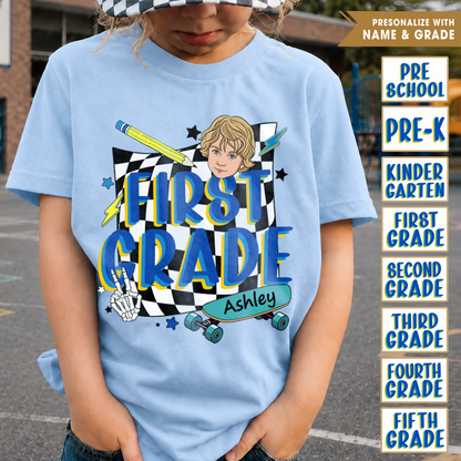 Personalisiertes T-Shirt für den Schulanfang, individuelles Kinder-Shirt mit Klassenstufe und Name