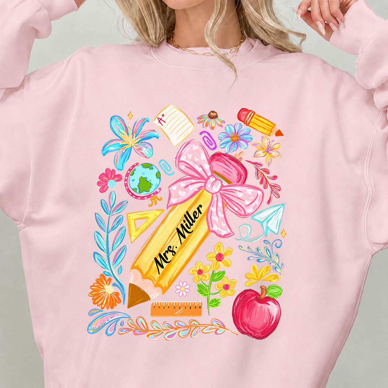 Personalized Teacher Shirt & Sweatshirt, Custom Teacher Name Pencil Design, Back to School Teacher Gift