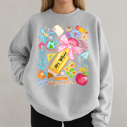 Personalized Teacher Shirt & Sweatshirt, Custom Teacher Name Pencil Design, Back to School Teacher Gift