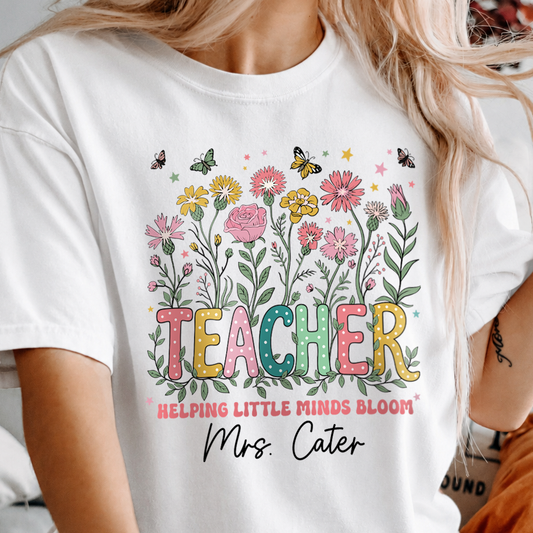 Personalized Teacher Shirt & Sweatshirt, Helping Little Minds Bloom Custom Teacher Name Apparel, Back to School Gift