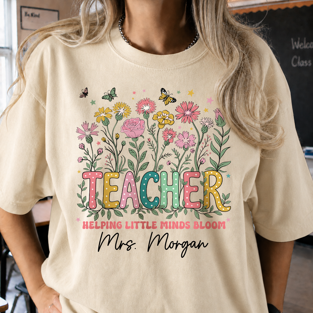 Personalized Teacher Shirt & Sweatshirt, Helping Little Minds Bloom Custom Teacher Name Apparel, Back to School Gift