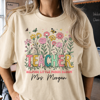 Personalized Teacher Shirt & Sweatshirt, Helping Little Minds Bloom Custom Teacher Name Apparel, Back to School Gift
