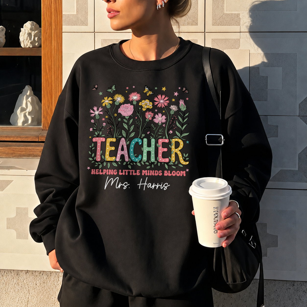 Personalized Teacher Shirt & Sweatshirt, Helping Little Minds Bloom Custom Teacher Name Apparel, Back to School Gift
