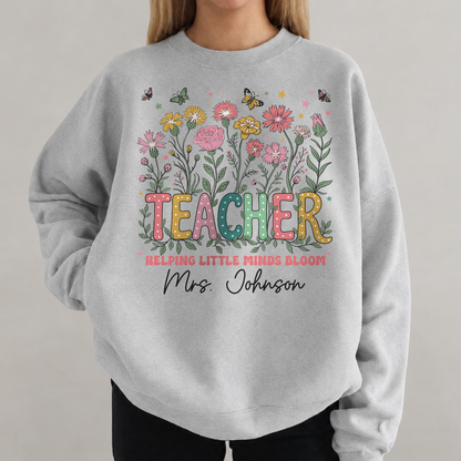 Personalized Teacher Shirt & Sweatshirt, Helping Little Minds Bloom Custom Teacher Name Apparel, Back to School Gift