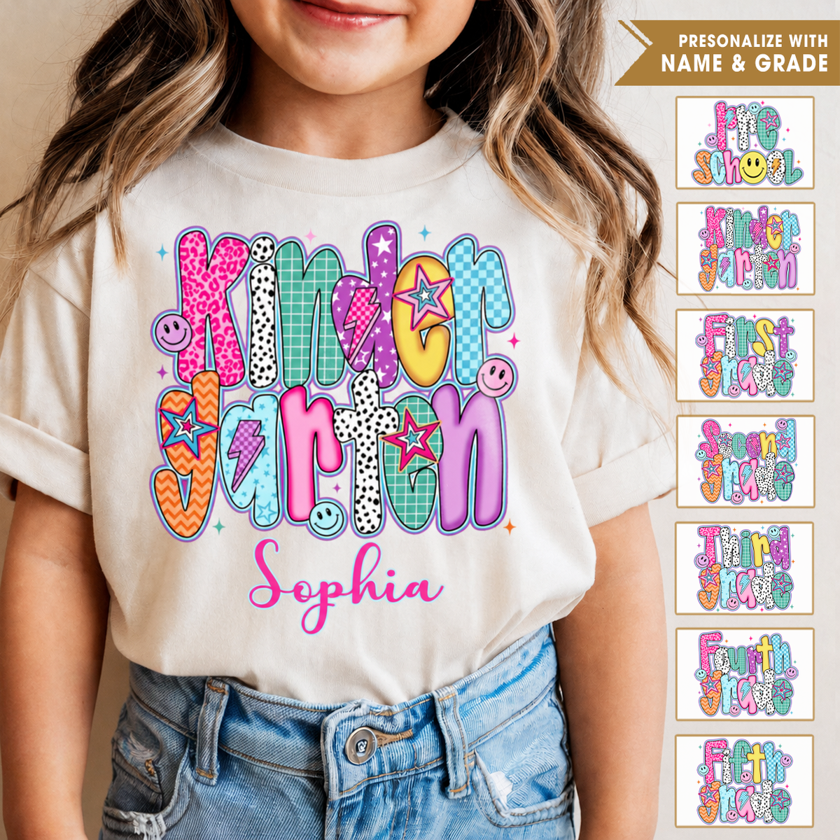 Personalized Kids Grade Shirt, Custom Name Back to School Youth T-Shirt For Girl