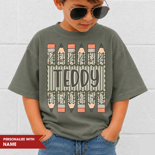 Personalized Kids Camo Pencil Shirt, Custom Name Back to School Youth Tee