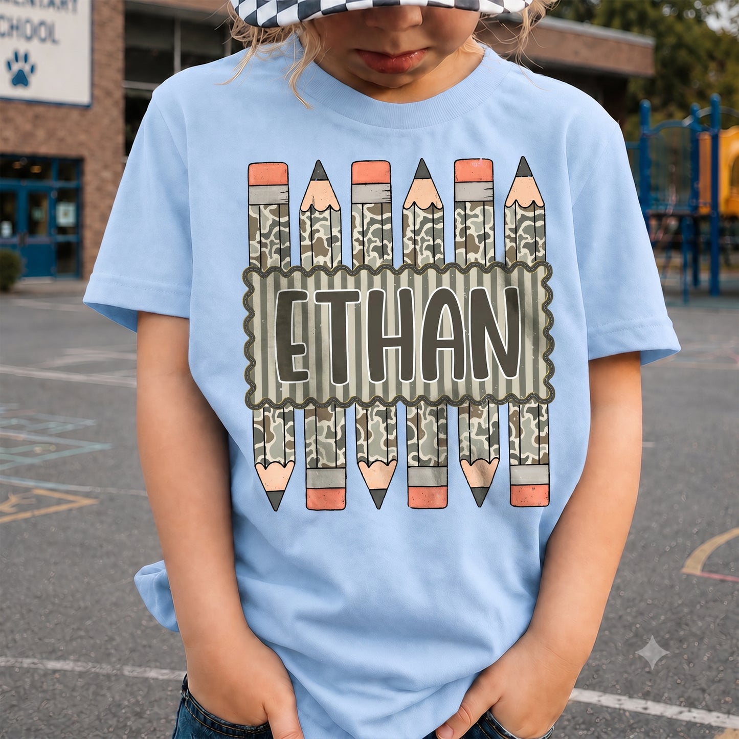 Personalized Kids Camo Pencil Shirt, Custom Name Back to School Youth Tee