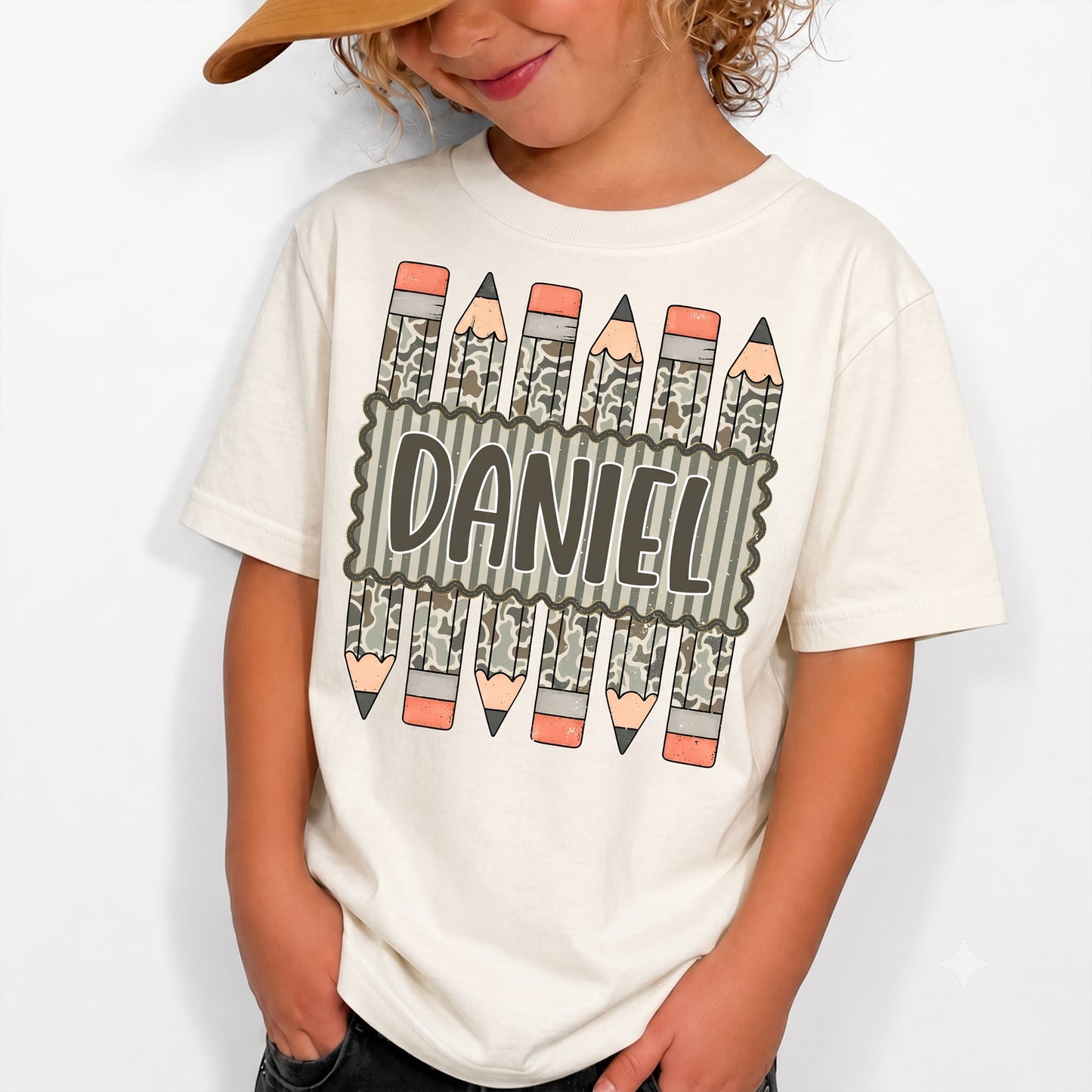 Personalized Kids Camo Pencil Shirt, Custom Name Back to School Youth Tee