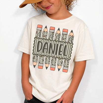 Personalized Kids Camo Pencil Shirt, Custom Name Back to School Youth Tee