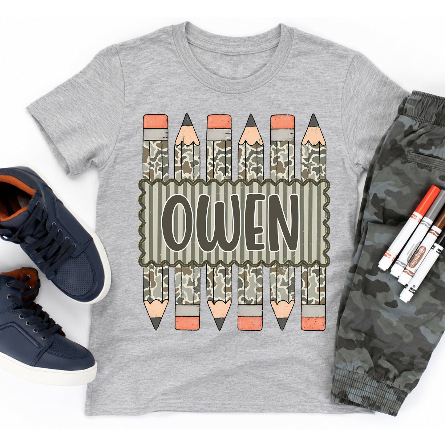 Personalized Kids Camo Pencil Shirt, Custom Name Back to School Youth Tee