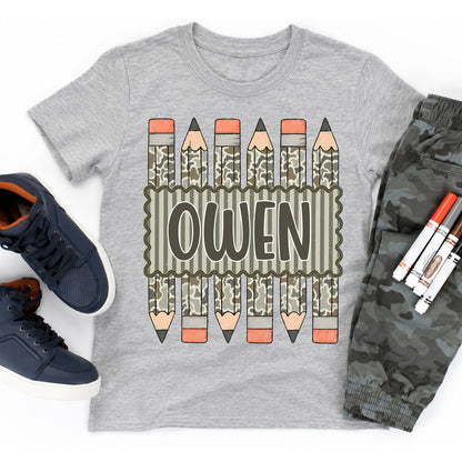 Personalized Kids Camo Pencil Shirt, Custom Name Back to School Youth Tee