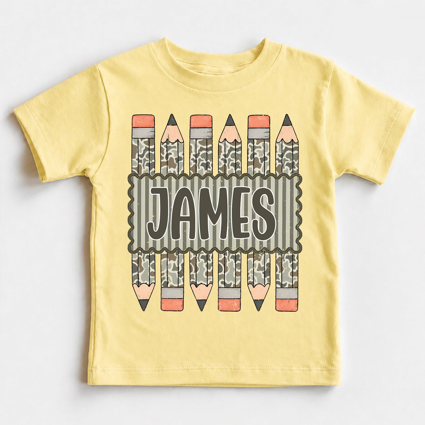 Personalized Kids Camo Pencil Shirt, Custom Name Back to School Youth Tee