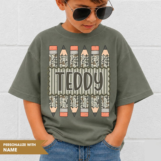 Personalized Kids Camo Pencil Shirt, Custom Name Back to School Youth Tee
