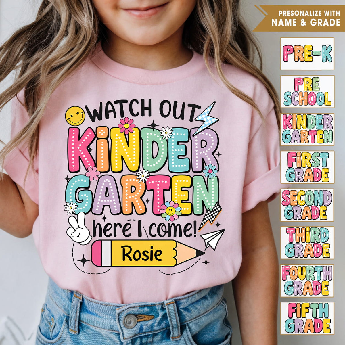 T-shirt personnalisé pour enfant, haut pour jeune avec nom et niveau scolaire, t-shirt pour la rentrée scolaire