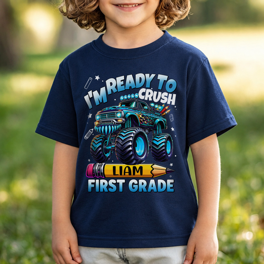 Personalized Monster Truck Kids Shirt, Custom Name and Grade Back to School Youth Tee For Boys