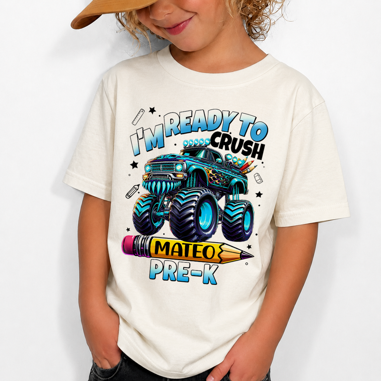 Personalized Monster Truck Kids Shirt, Custom Name and Grade Back to School Youth Tee For Boys