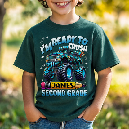 Personalized Monster Truck Kids Shirt, Custom Name and Grade Back to School Youth Tee For Boys