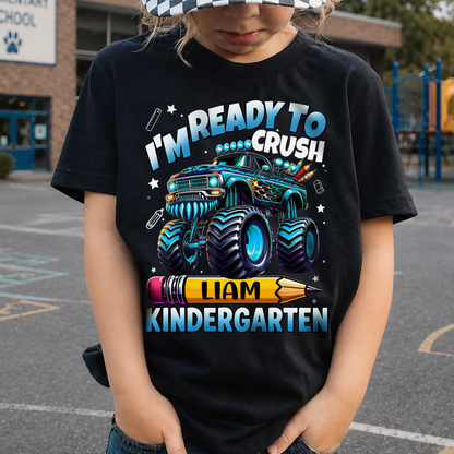 Personalized Monster Truck Kids Shirt, Custom Name and Grade Back to School Youth Tee For Boys
