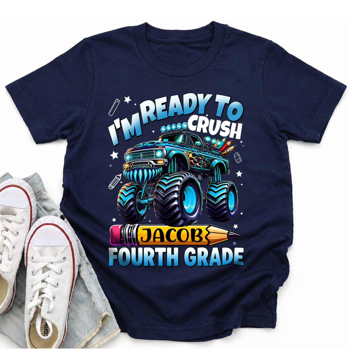 Personalized Monster Truck Kids Shirt, Custom Name and Grade Back to School Youth Tee For Boys