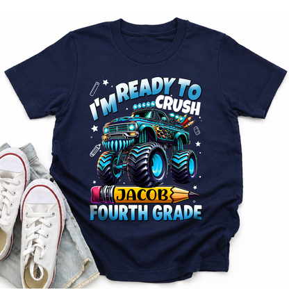 Personalized Monster Truck Kids Shirt, Custom Name and Grade Back to School Youth Tee For Boys