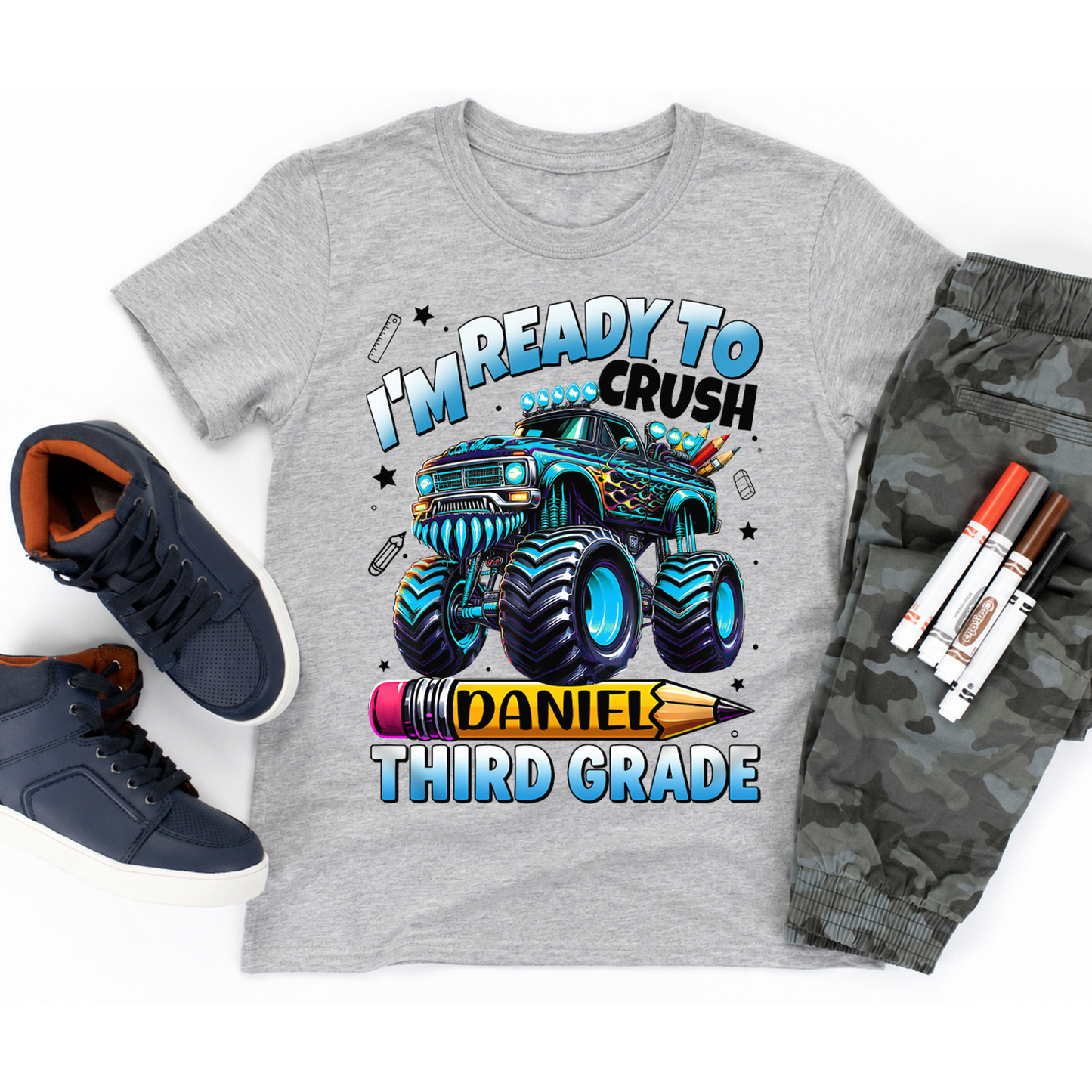 Personalized Monster Truck Kids Shirt, Custom Name and Grade Back to School Youth Tee For Boys