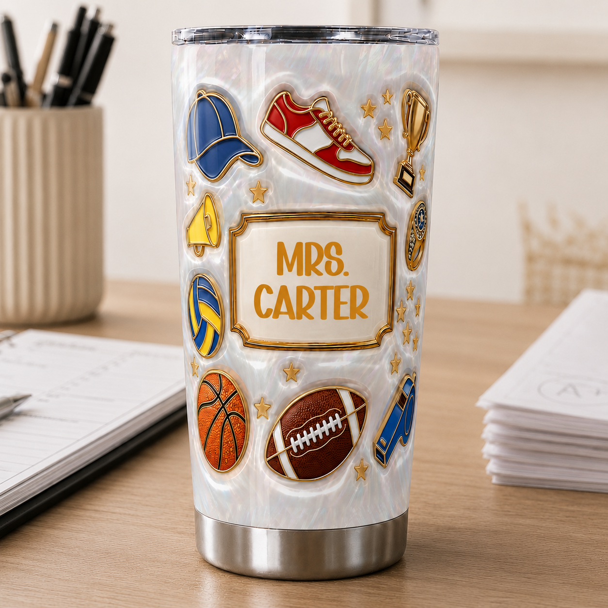 Personalized Sports Teacher Tumbler, Custom Teacher Name 20 oz Tumbler, Back to School Gift